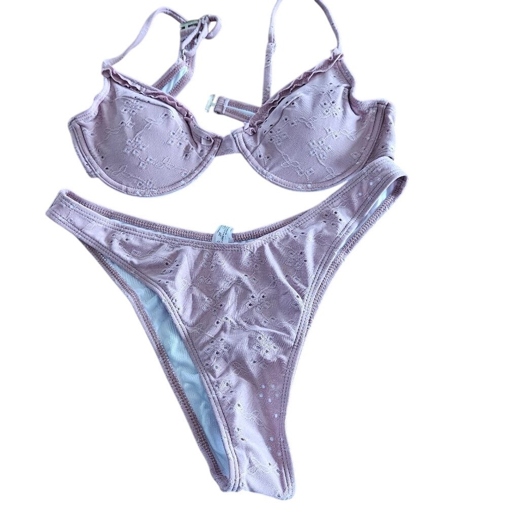 NEW SHEIN Pink Eyelet Underwire Bikini Set L | Broderie Anglaise Swimwear